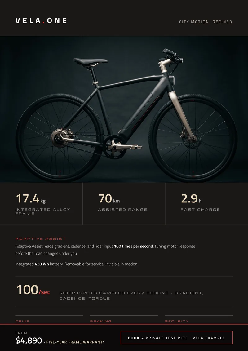 Vela One — Luxury Product Brochure. Premium electric bike spec sheet.