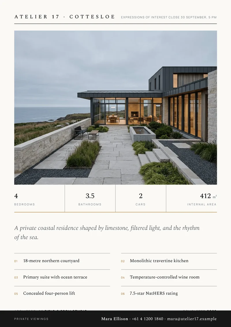 Atelier 17 — Real Estate Sheet. Architectural residence luxury feature sheet.