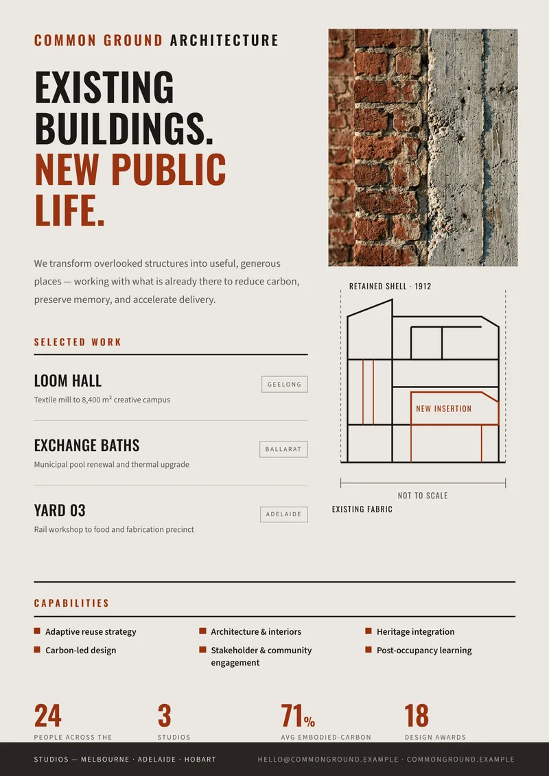 Common Ground — Capability Statement. Adaptive-reuse architecture project book.